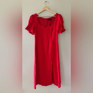 En Saison Classic Red Short Sleeve Midi Dress Linen Blend Semi Formal Sheath S